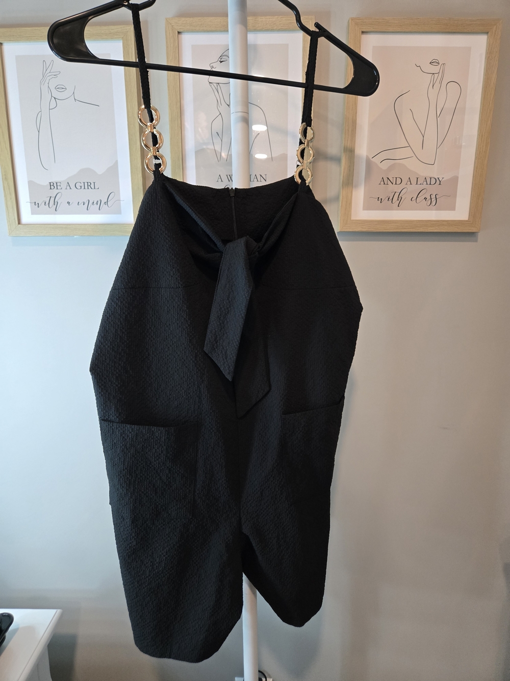 Black Women’s Textured Tie-Front Romper with Gold Ring Straps
